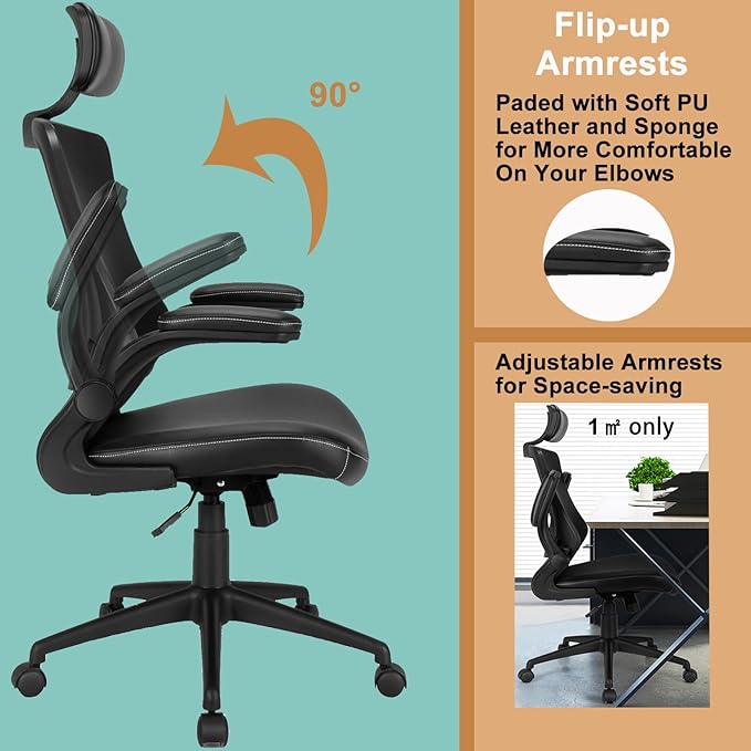 POWERSTONE Ergonomic Office Chair with Thickened Leather Seat, Mesh Desk Chair with Adjustable Headrest Lumbar Support and Flip-up Armrests for Home, Office, Study
