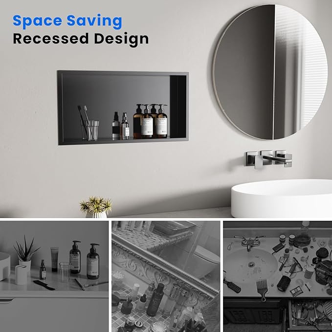 POPFLY No Tile Shower Niche, Stainless Steel Shower Niche 24"X12", Single Shelf No Tile Needed Recessed Bathroom Wall Niches, Dark Grey