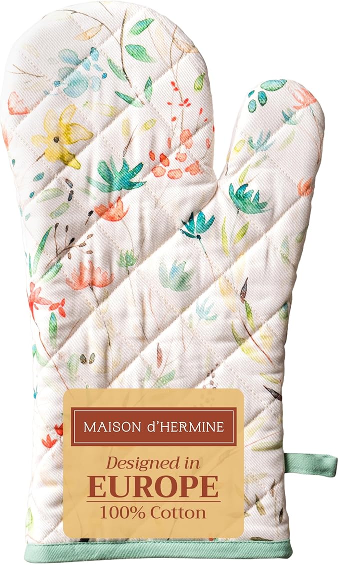 Maison d'Hermine Oven Gloves 100% Cotton Oven Mitt 7" x 13" with Loop Heat Resistant, BBQ, Cooking Gloves, Baking, Grilling, Kitchen, Handling Hot Pans Spring/Summer (Pack of 1, Colmar)