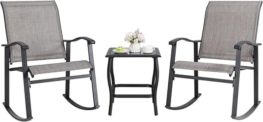 Shintenchi 3 Piece Rocking Bistro Set, Outdoor Furniture with Rocker Chairs and Glass Coffee Table Set of 3, Balcony, Porch Furniture for Small Space, Gray