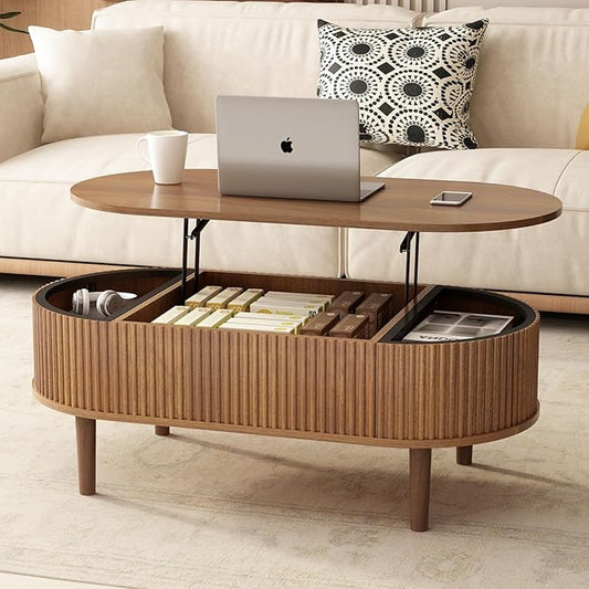Ludatido 39 Inch Lift Top Coffee Table with 3 Storage for Living Room, Oval Coffee Table with Hidden Compartment, Fully Wooden Center Easy to Assembled for Home Living Room Office Brown