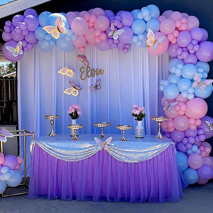 Suppromo 6ft Purple Table Skirt for Baby Shower Girl Tulle Tutu Table Skirt Rectangle Purple Table Cloth for Parties Butterfly Mermaid Birthday Wedding Cake Dessert Desk Skirt Decorations