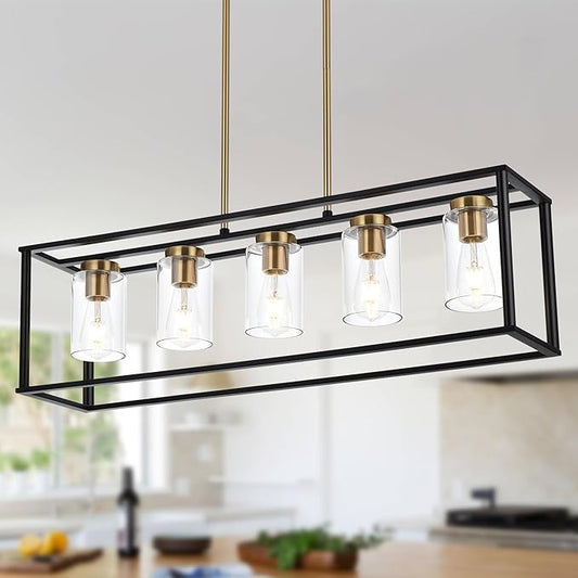 VINLUZ Farmhouse Chandeliers for Kitchen Island with Clear Glass Shade Black and Brushed Brass 5 Light Dining Room Lighting Fixtures Hanging, Rectangle Pendant Lights Industrial Ceiling Light