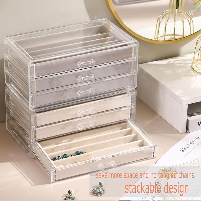 Necklace Organizer Box with Clear Lid, Dustproof Velvet Jewelry Holder Storage Display Case, Stackable Acrylic Necklace Tray Drawer Insert for Women and Girls (Beige,3 Drawers)