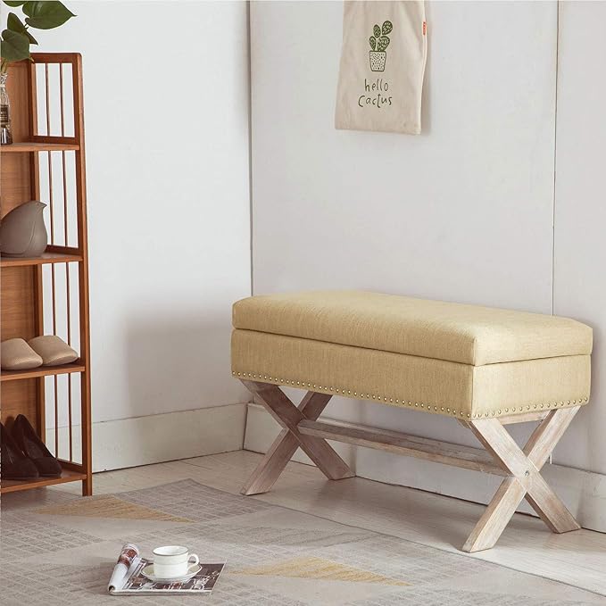 chairus Fabric Upholstered Storage Entryway Bench, 36 inch Bedroom Bench Seat with X-Shaped Wood Legs for Living Room, Foyer or Hallway - Beige