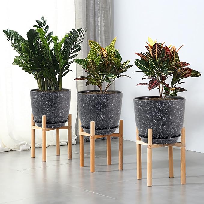 12/10/9 Large Modern Plant Pots, Plastic Planters with Drainage Holes and Saucers for Indoor Outdoor Plants Flowers, Black Speckles