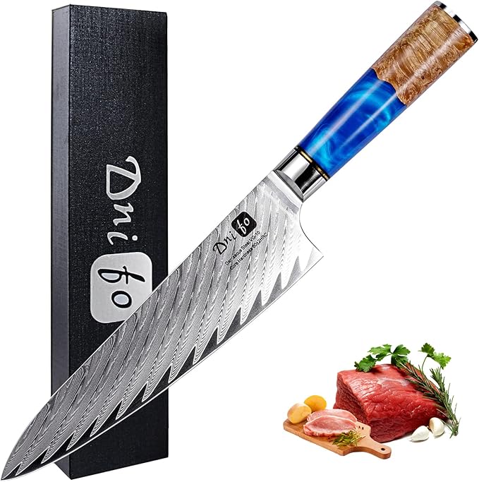 Chef Knife, Damascus Chef Knife 8 inch, Damascus VG-10 67-Layer Steel Japanese Kitchen Knives, Full Tang Non-stick Blade and Anti-rusting Forged Cooking Knife with Gift Box