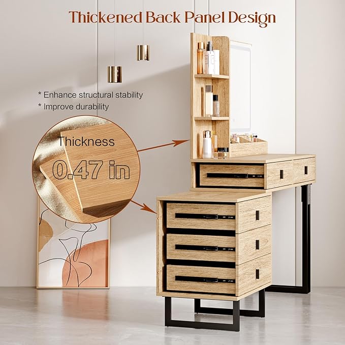 Large Vanity Desk with 3 Color Touch Screen Dimming Mirror, Vanity Desk with Charging Station, Modern Retractable Makeup Dressing Table, Makeup Table With storage shelves and 5 Sliding Drawers, Oak