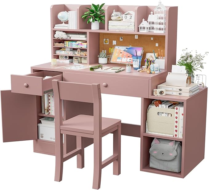 Pink Wooden Kids Desk and Chair Set,Kids Study Table and Chair Set with 4 Storage Open Shelves,Kids Study Desk with 2 Drawers & 4 Cabinet,Girls Study Desks for Kid with Hutch for Bedroom-Jcp9pn
