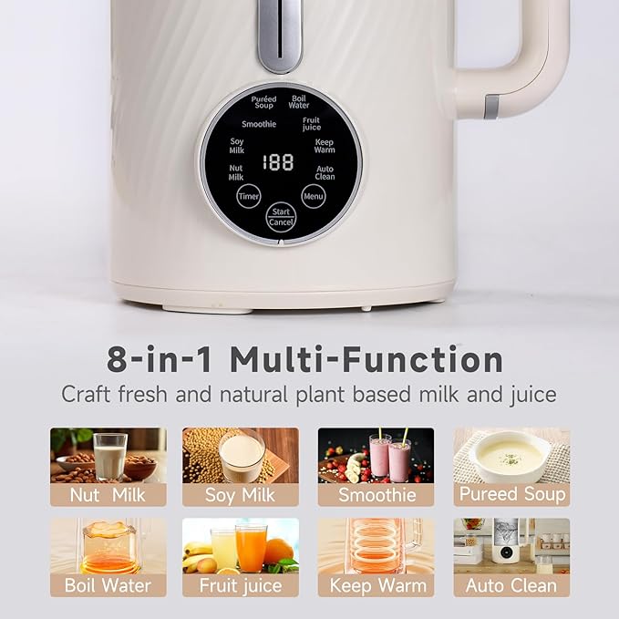 Nut Milk Maker Blender Can Delay Start-up/Keep Warm/Boil Water/Self Clean,34 oz 8 in 1 Automatic Mixer Blender Suitable for Soy, Almond, Oat, Coconut, Plant Based and Non Dairy Beverages