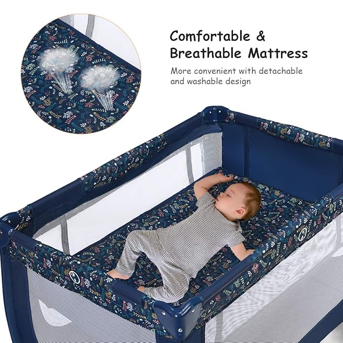 BABY JOY Portable Playard with Bassinet, Double Layer Foldable Baby Playpen with Breathable Mattress, Lightweight Easy Set up Baby Crib with Carry Bag, Foldable Travel Crib from Newborn to Toddlers