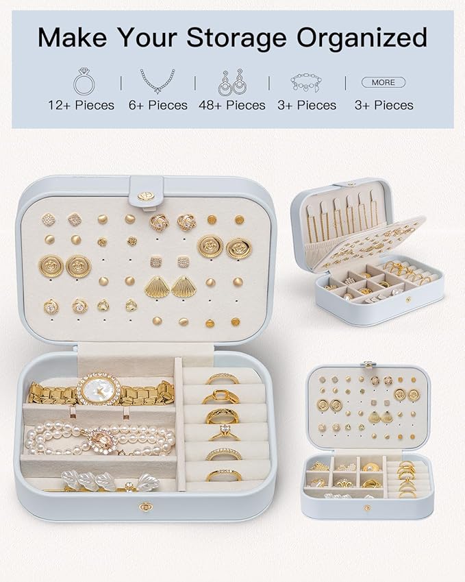 Vlando Travel Jewelry Case, PU Leather Travel Jewelry Box with Earring Holder, Portable Display Mini Jewelry Case for Mothers Day Women Girls Gift - Blue