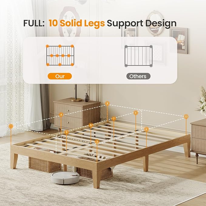 Full Size Wood Platform Bed Frame, 12 Inch Solid Wood Bed Frame with Wooden Slats, No Box Spring Needed, Easy Assembly, Rustic Pine