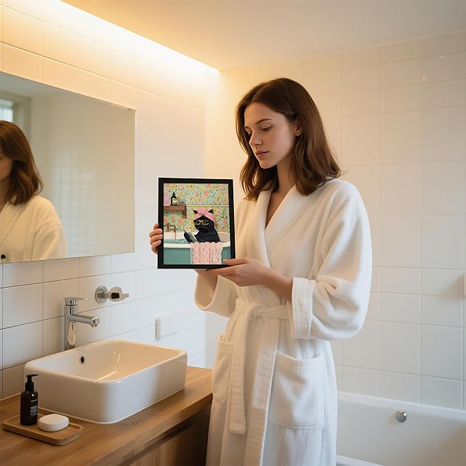 Framed Vintage Cat Canvas Wall Art, Funny Pink Animal Reading Books Painting Picture Print, Cute Kitten Lovers Aesthetic Wall Decor for Nursery Girls Room Bedroom Kids Room 10''L x 8''W