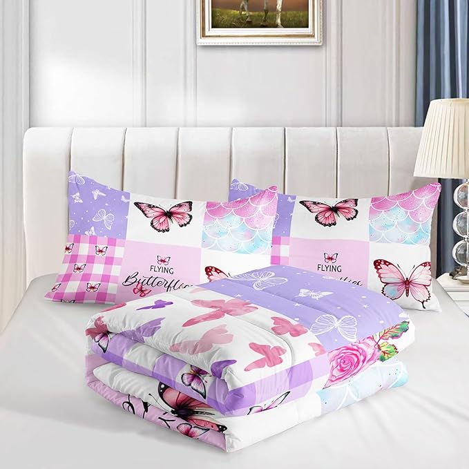 Kids Comforter Set Mermaid Scale Butterfly Printed Pattern Bedding Set with 1 Comforter and 2 Pillowcases for Girls Boys Bedroom All Season(Mermaid1 Twin)