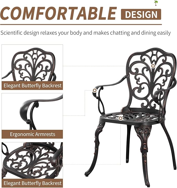 3 Piece Cast Aluminum Bistro Set, Bronze Bistro Table and Chairs Set of 2, 3 Piece Patio Furniture Set with 1.97" Umbrella Hole for Backyard, Balcony, Deck