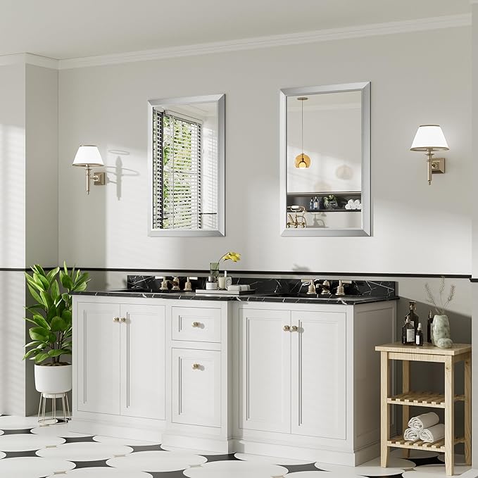 24x36 Inch Silver Bathroom Mirror for Wall, Thick Metal Framed Rectangle Mirrors for Over Sink, Bedroom, Living Room, Entryway, Anti-Rust, HD Tempered Glass