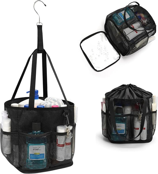 Mesh Shower Caddy Portable for College Dorm Room Essentials, Shower Tote Bag with Hanging Hook and Drawstring, Quick Dry Toiletry Bag with 6 Pockets for Bathroom, Swimming, Gym, Camping, Beach, Travel