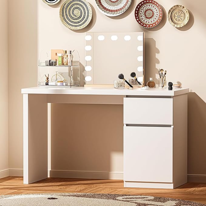 furtble White Desk with Drawers, 55 Inch Small Cute Desk for Bedroom, Home Office PC Desks Workstation Study Table Desks with Storage, White