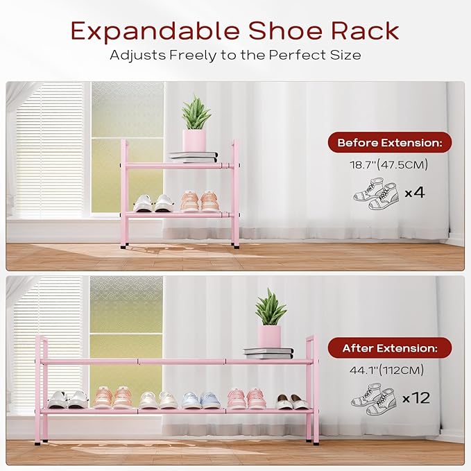 Bumusty 2-Tier Long Expandable Shoe Rack for Closet, 18"-44" Adjustable Shoe Rack for Entryway, 10-12 Pairs Large Shoe Organizer Shelf Storage, Sturdy Metal, Pink