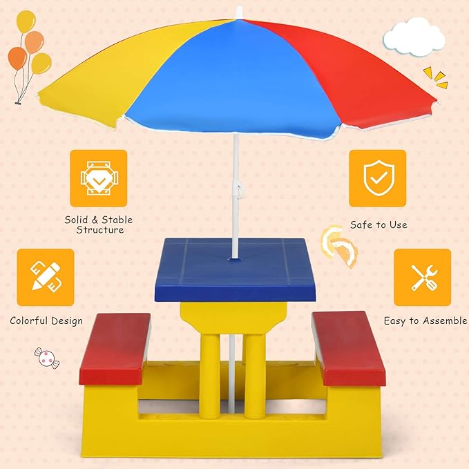 Kids Picnic Table, Toddler Picnic Table with Removable & Foldable Umbrella, Plastic Children Patio Furniture for Garden Backyard, Kids Outdoor Table, Multicolored