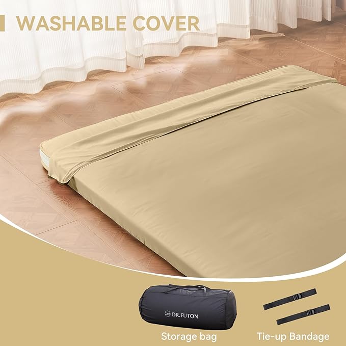 Dr.Futon Japanese Floor Futon Mattress Extra Thick Folding Roll Up Bed Topper Mat for Guest,Lounger and Tavel