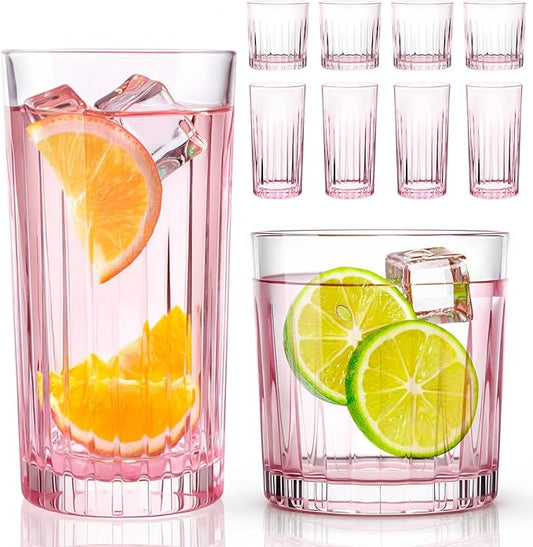 Laerjin Drinking Glasses Set of 8, 12 oz Highball Glasses & 10 oz Cocktail Glasses Set, Glassware Drinking Glasses, Glassware Sets for Cocktail, Beer, Wine, Whiskey, Water & Juice Drinkware(Pink)