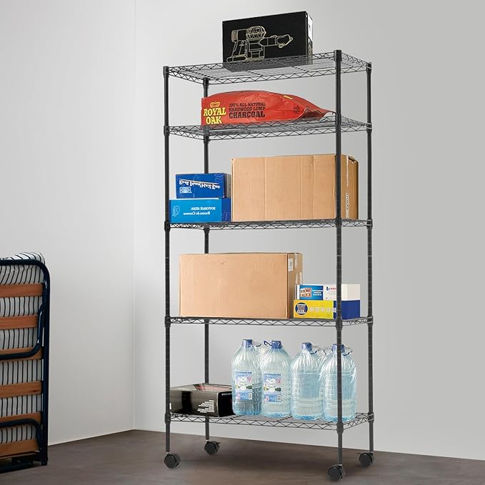 5 Tier Shelving Unit Heavy Duty Wire Shelving Unit Easy Installation Metal Shelving Unit 14"D x 30"W x 60"H Metal Storage Shelves with Wheels Wire Shelving Rack for Garage Home Kitchen, Black
