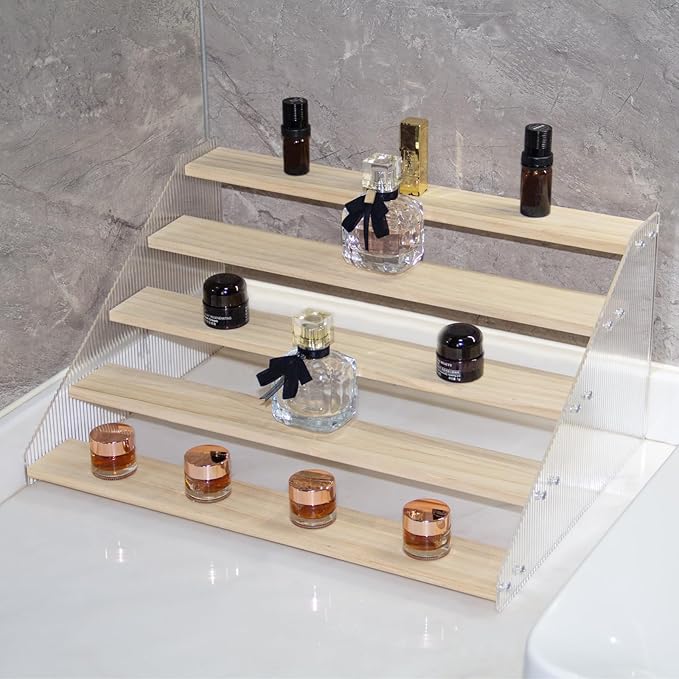 nianfeng Tiered Spice Rack, 5-Tier Spice Pantry Kitchen Cabinet Organizer, 16-Inch, Natural Wood Acrylic Stair Riser Stand, Countertop Seasoning Shelf