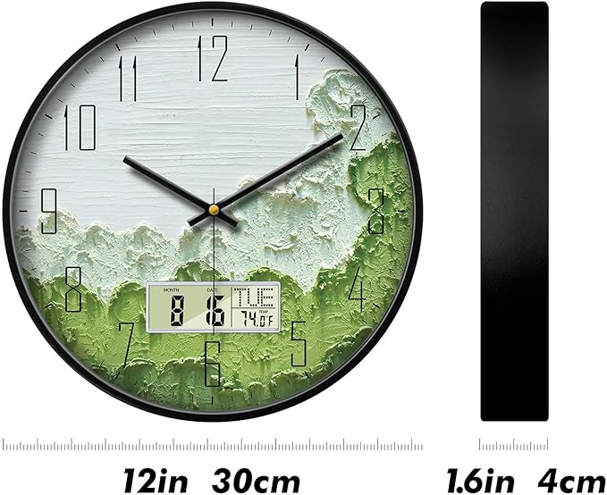 Modern Wall Clock with Temperature Green Forest Large Display Non-Ticking Battery Operated Clock with Date and Week for Kitchen Bedroom Living Room Farmhouse Decor 12 Inch
