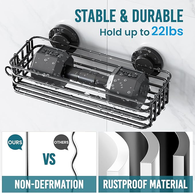 TAILI Shower Caddy Suction Cup, 3 Pack Shelves for Inside with Hooks & Soap holder Toothbrush Cups, Removable Bathroom Organizer, Rustproof Black Holder Storage-Black