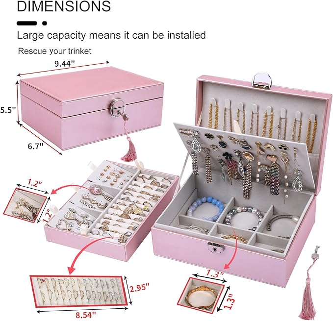 BOOVO Earring Jewelry Box For Women Girl Stud Organizer, 4 Layers Girl Jewelry Organizer Box With Lock Earring Holder Organizer Necklace Ring Jewelry Organizer Box For Girls (Rose Gold, 4 layer)