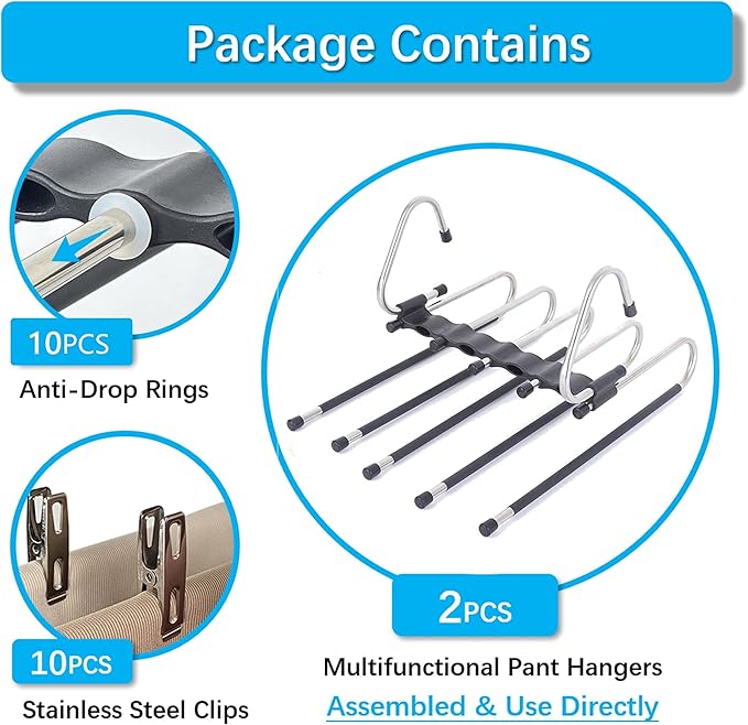 Magic Pants Hangers Space Saving - 2 Pack for Closet Multiple Layers Multifunctional Uses Rack Organizer for Trousers Scarves Slack (2 Pack with 10 Metal Clips)
