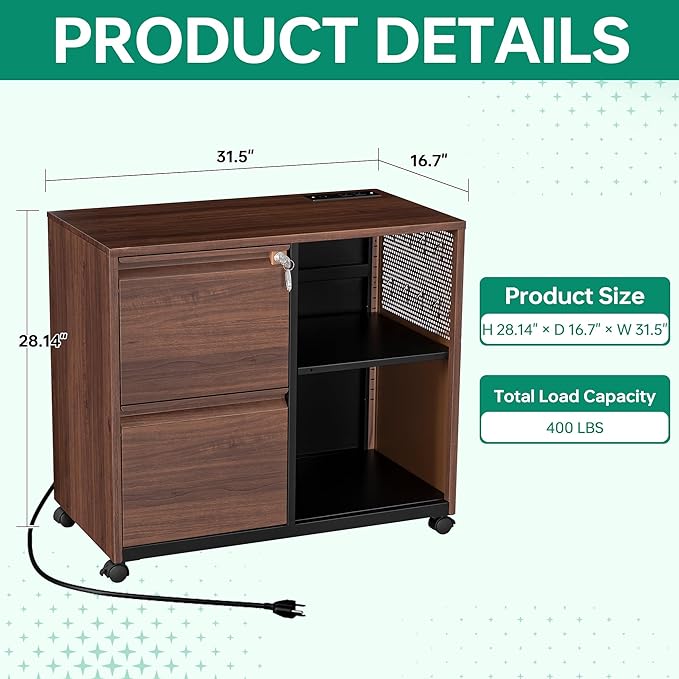 Letaya Mobile 2 Drawer File Cabinet with Lock, Metal Lateral Printer Stand Filing Storage Cabinets with Shelves for Home Office-A4/F4/Letter (Charging Socket)