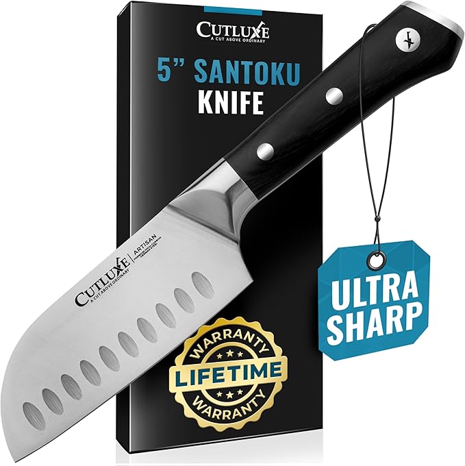 Cutluxe Santoku Knife – 5" Chopping Knife, Vegetable Knife – Forged High Carbon German Steel – Full Tang & Razor Sharp – Ergonomic Handle Design – Artisan Series
