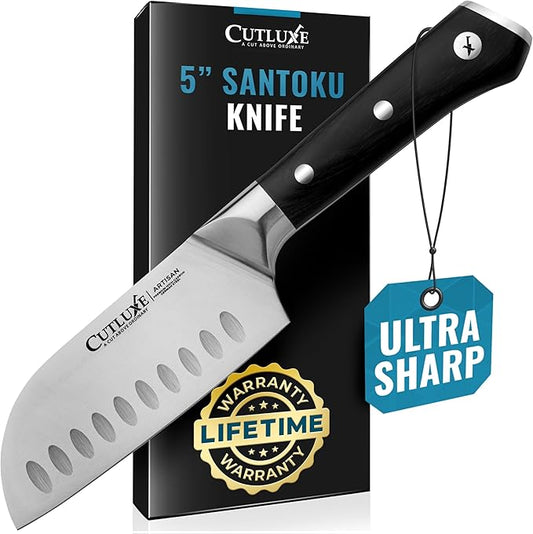 Cutluxe Santoku Knife – 5" Chopping Knife, Vegetable Knife – Forged High Carbon German Steel – Full Tang & Razor Sharp – Ergonomic Handle Design – Artisan Series