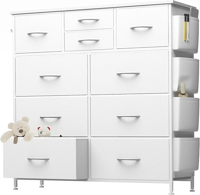 10 Drawer Dresser, Chest of Drawers for Bedroom, PU Dresser with Side Pockets, Hooks, Wooden Top and Sturdy Metal Frame for Living Room, Closet, Hallway (White)