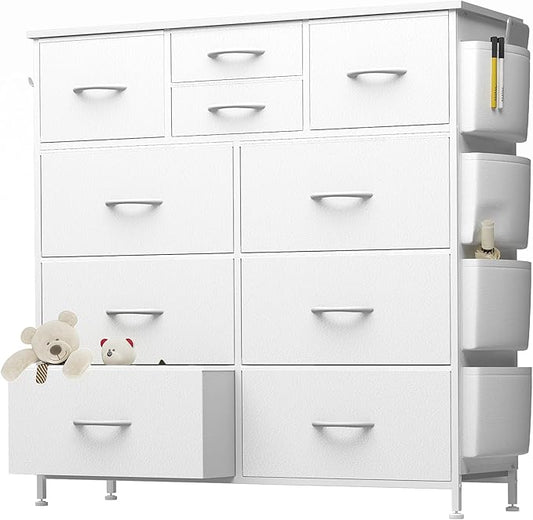 10 Drawer Dresser, Chest of Drawers for Bedroom, PU Dresser with Side Pockets, Hooks, Wooden Top and Sturdy Metal Frame for Living Room, Closet, Hallway (White)