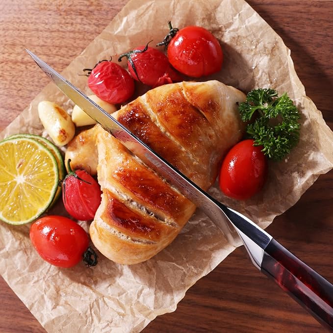 FINDKING Nebula Series Boning Knife, Versatile Deboning Knife, 10Cr15CoMov Damascus Steel Blade, Resin and Figured Sycamore Handle, Full Tang, 5.5 Inch, Red, for Skinning, Removing Fat, Filleting