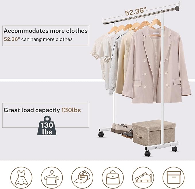 Clothes Rack, 130LB Capacity Heavy Duty Clothing Rack with Wheels and Bottom Shelf, 52.17 Inch Rolling Racks for Hanging Clothes, Coats, Shirts, Sweaters, Skirts, Dress, White