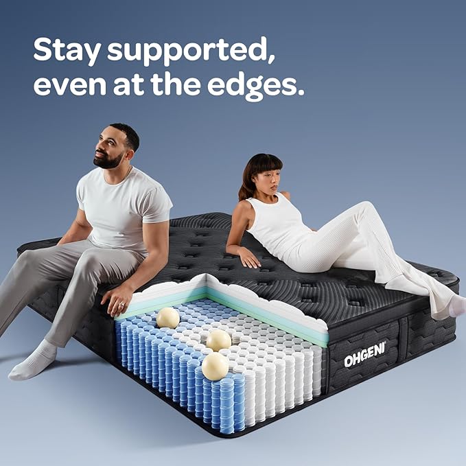 OhGeni 10 Inch Cooling Queen Size Mattress, Hybrid Gel-Infused Memory Foam Bed Mattresses in a Box, Medium Feel Cool Top Fabric, Home Gift for Mom, 3-Zone Design & Reinforced Edge Support, Black