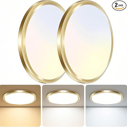 zemty 2Pack LED Ceiling Light Fixture, 6.5-Inch 12W 1200lm Small Flush Mount Light, Adjustable 3000K 4000K 6500K Color Temperatures, Round Flat Recessed Lamp for Kitchen Closet Hallway Laundry, Gold