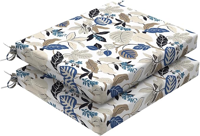 Set of 2 Outdoor Square Chair Cushions 18.5"x16"x2" for Patio, Water Resistant Patio Dining Seat Pads Replacement for Kitchen Garden and Outdoor Furniture Decoration - Breeze Leaves Beige