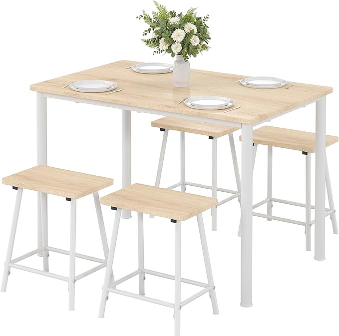 VECELO Kitchen Table and Chairs for 4, Dining Room Set with Chairs/Stools, Heavy-Duty Metal Frame with Wooden Tabletop for Small Spaces, Easy Assembly, Natural Oak