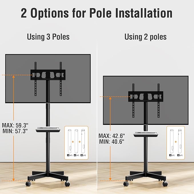 ELIVED Mobile TV Stand for 23-60 Inch Flat Screen TVs, Tilt TV Cart with Adjustable Shelf & Locking Wheels, Rolling TV Floor Stand Max VESA 400x400mm, Portable TV Stand Holds Up to 77lbs.