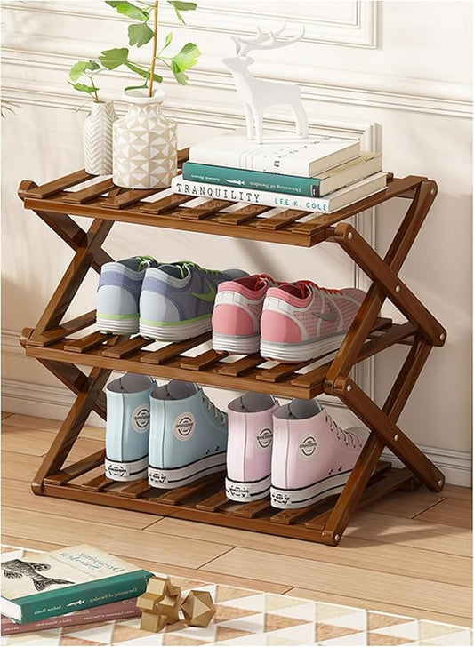 3-Tier Bamboo Shoe Rack, Foldable Shoe Storage Organizer for Closet, Bedroom, Entryway & Living Room - Portable No-Assembly Design, Space-Saving for Shoes & Accessories(3 Tier) (Dark Brown)