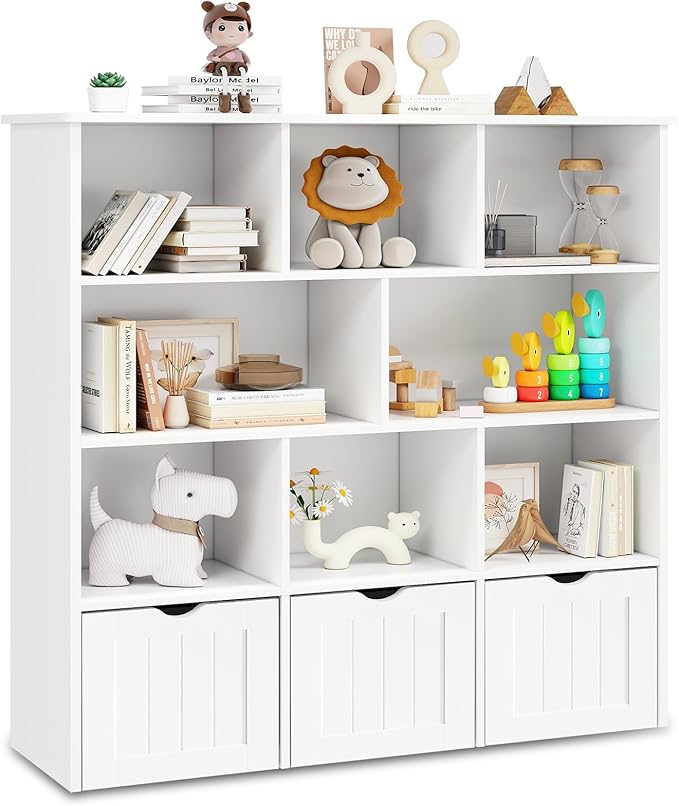 Toy Storage Organizer with Bookshelf, Large Toy Organizers and 3 Movable Drawers with Hidden Wheels and 8 Storage Cubbies, Kids Bookshelf and Toy Storage Chest, Playroom Furniture, White