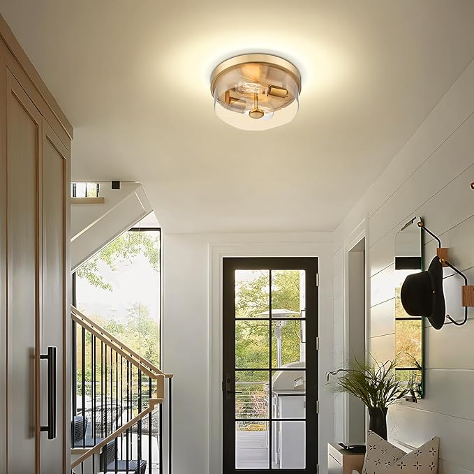 Gold Flush Mount Ceiling Light, 2-Light Hallway Light Fixtures, Modern Farmhouse Farmhouse Ceiling Light Clear Glass Brushed Gold Finish for Kitchen Porch Entryway