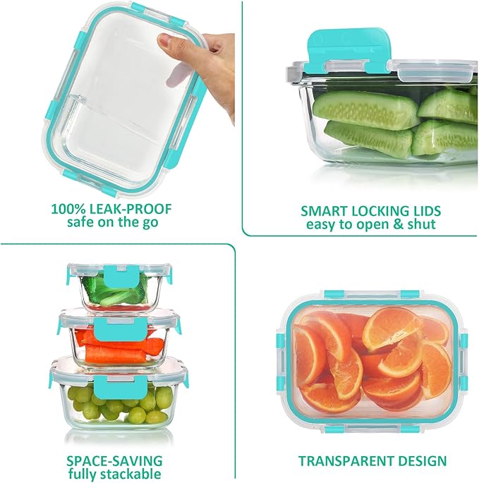 24 Pieces Glass Food Storage Containers Set, Meal Prep Containers-Stackable Airtight Glass Storage Containers with lids,Freezer, Microwave, Oven Safe,Green