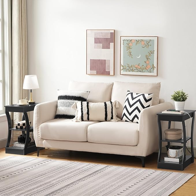 End Table with Charging Station, Side Table with USB Ports and Outlets, 3 Tier Nightstand with Storage Shelf for Small Spaces, Living Room, Bedroom, Black ETBK53E01